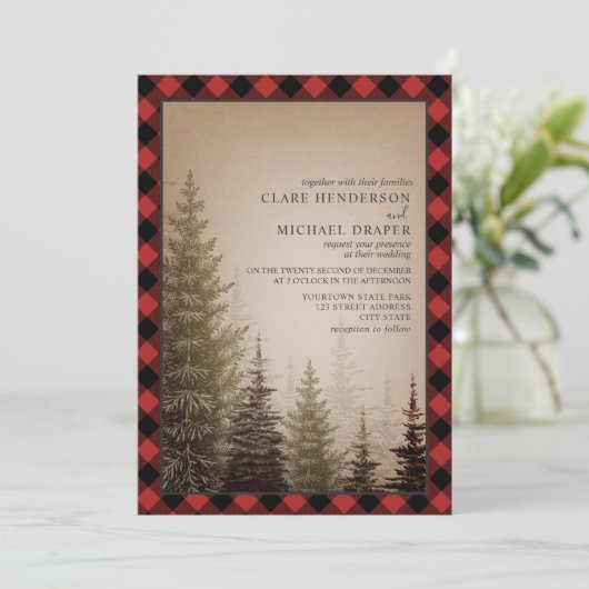 Bruine Evergreen Tree Rustic Play Wedding Kaart (Staand voorkant)