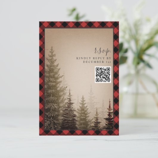 Bruine Evergreen Tree Rustic Pset Wedding QR Code RSVP Kaartje (Staand voorkant)