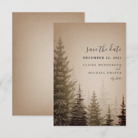 Bruine Evergreen Trees weddenschappen redden de da Save The Date (Voorkant / Achterkant)
