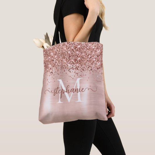 Bruine Faux-Glitter Girly Blush Pink Gepersonalise Tote Bag (Dichtbij)