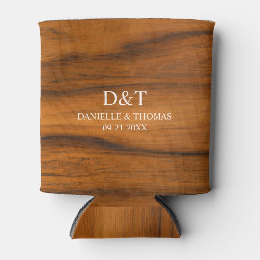 Bruine Faux Wood Stripes Custom Witte Typografie Blikjeskoeler (Voorkant)