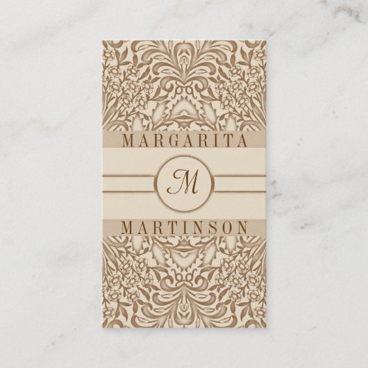 Bruine  floral chic monogram visitekaartjes (Voorkant)