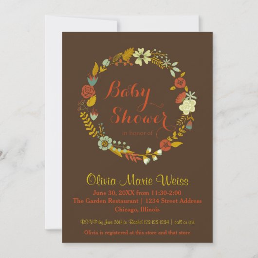 Bruine Floral Circle Wreath - Baby shower Invite Kaart (Voorkant)
