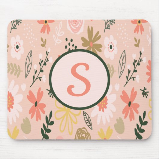 Bruine Floral Monogram Square Muismat (Voorkant)
