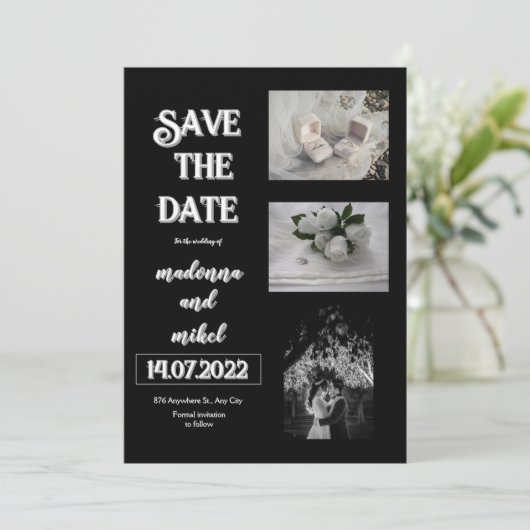 Bruine fotocabine trendy moderne save the date-huw kaart (Staand voorkant)