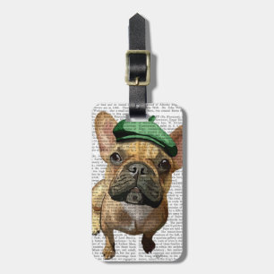 Bruine Franse Bulldog met groen Pet 2 Bagagelabel