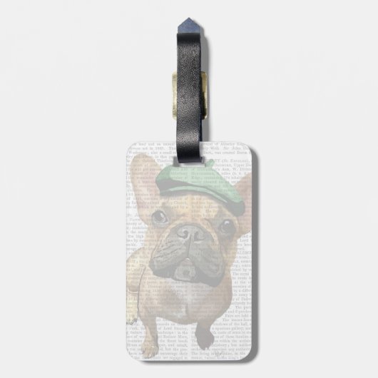 Bruine Franse Bulldog met groen Pet 2 Bagagelabel (Achterkant verticaal)