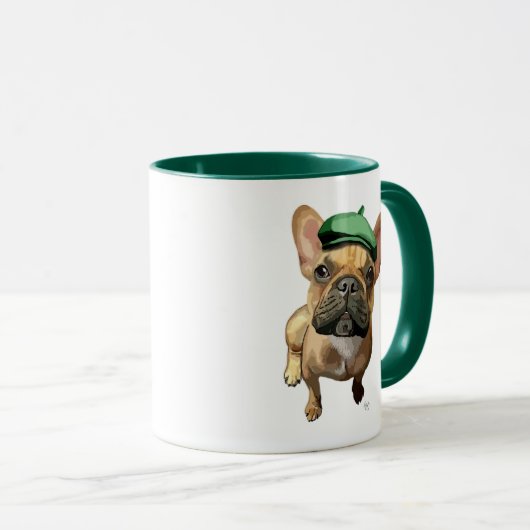 Bruine Franse Bulldog met groen Pet 2 Mok (Voorkant rechts)