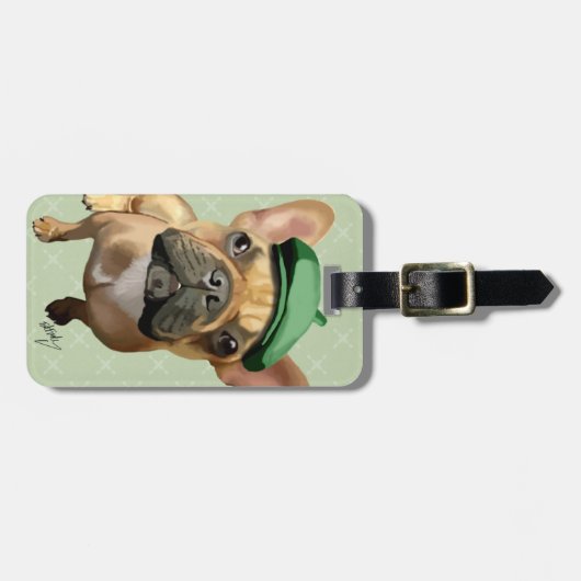 Bruine Franse Bulldog met groen Pet Bagagelabel (Voorkant horizontaal)