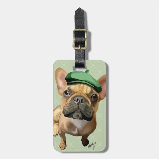 Bruine Franse Bulldog met groen Pet Bagagelabel (Voorkant verticaal)