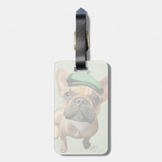Bruine Franse Bulldog met groen Pet Bagagelabel (Achterkant verticaal)