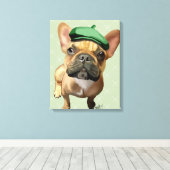 Bruine Franse Bulldog met groen Pet Canvas Afdruk (Insitu (Houten vloer))