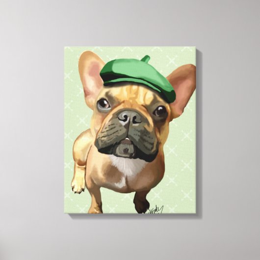 Bruine Franse Bulldog met groen Pet Canvas Afdruk (Voorkant)