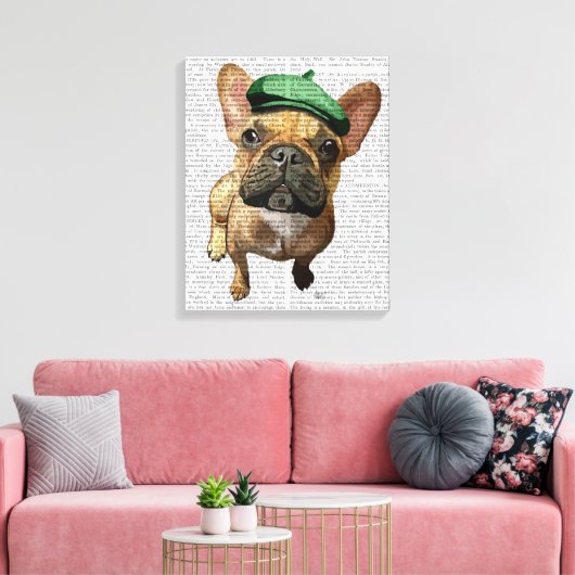 Bruine Franse Bulldog met groen Pet Canvas Afdruk (Insitu (Woonkamer))