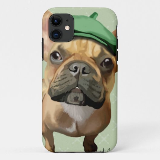 Bruine Franse Bulldog met groen Pet Case-Mate iPhone Case (Achterkant)