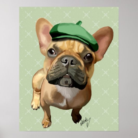 Bruine Franse Bulldog met groen Pet Poster (Voorkant)