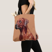 Bruine geometrische hond op bruin tote bag (Dichtbij)