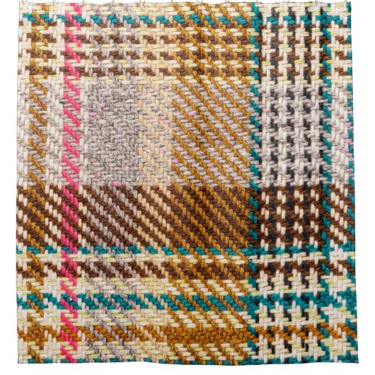 Bruine geruite stof, Schotse wol. Douchegordijn (Voorkant)