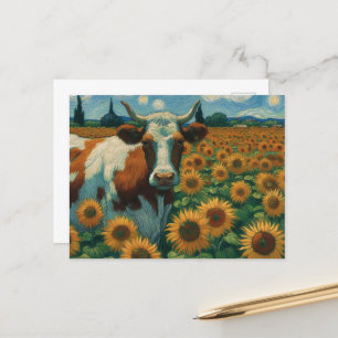 Bruine gevlekte Koe in Faux Van Gogh Zonnebloemvel Briefkaart