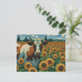Bruine gevlekte Koe in Faux Van Gogh Zonnebloemvel Briefkaart (Staand voorkant)