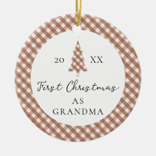 Bruine Gingham Baby Foto Oma 1e Kerstmis Keramisch Ornament