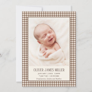 Bruine Gingham Baby Geboorteaankondiging Fotokaart Aankondiging