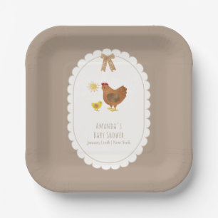 Bruine Gingham Cottagecore Hen Kuiken Baby Shower Papieren Bordje