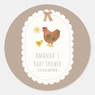 Bruine Gingham Cottagecore Hen Kuiken Baby Shower Ronde Sticker
