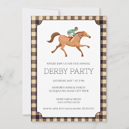 Bruine Gingham Derby Feest Kaart (Voorkant)