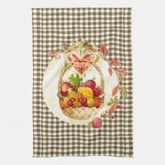 Bruine Gingham  Herfst Oogstmand Theedoek (Verticaal)