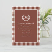 Bruine Gingham Monogram Wapen QR-code Kaart (Staand voorkant)