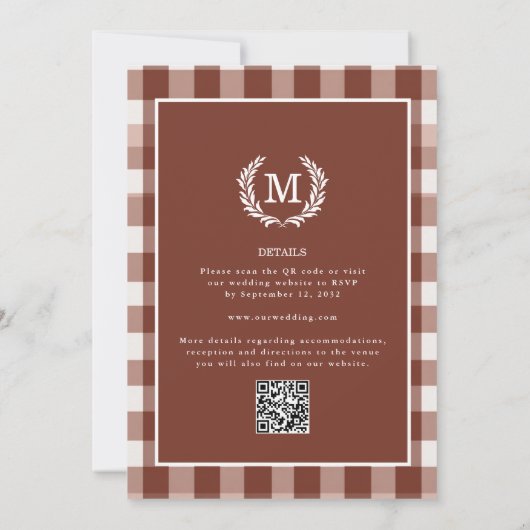Bruine Gingham Monogram Wapen QR-code Kaart (Achterkant)