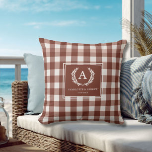 Bruine Gingham Monogram Wapenschild Kussen