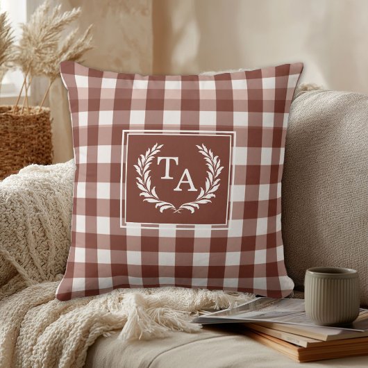 Bruine Gingham Monogram Wapenschild Kussen