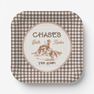 Bruine Gingham Rodeo Feest Papieren Borden Bordje