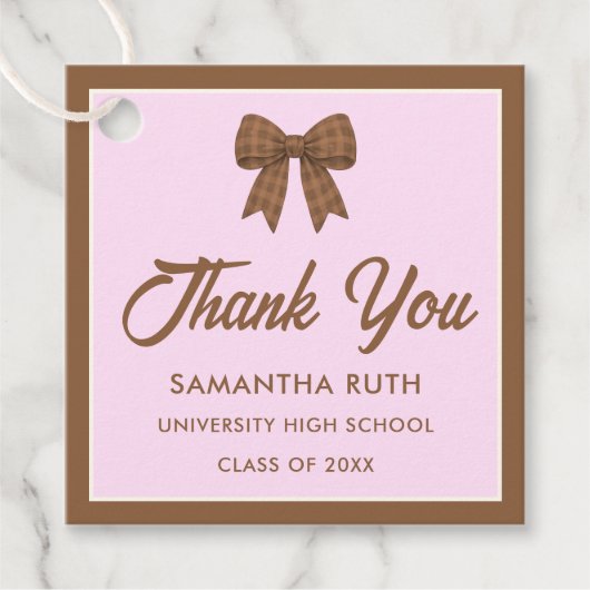 Bruine Gingham Strik Geschenklabels voor Afstudeer Bedankjes Labels (Voorkant)