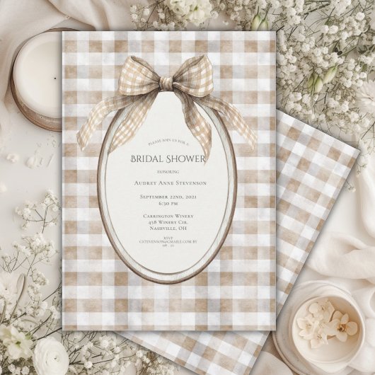 Bruine Gingham Strik Randje Vintage Bruidsfeest Kaart