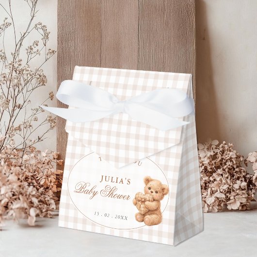 Bruine Gingham Teddybeer Neutrale Baby Shower Papi Bedankdoosjes