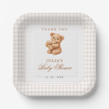 Bruine Gingham Teddybeer Neutrale Baby Shower Papi