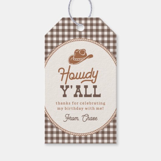 Bruine Gingham Touw Rodeo Bedankkaart Cadeaulabel (Voorkant)