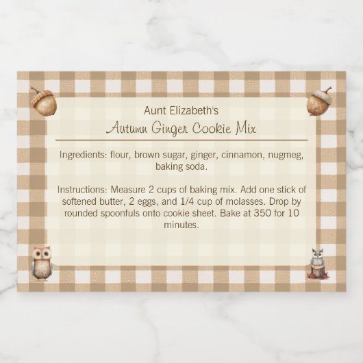 Bruine Gingham Uilen Eikels Herfst Ginger Cooke Mi Voedselcontainer Etiket (Enkel label)