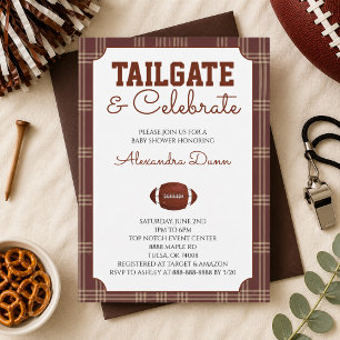 Bruine Gingham Voetbal Tailgate Baby Shower Kaart