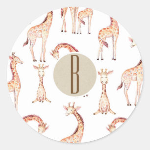 Bruine Giraffen Baby Shower Monogram Feest Favor Ronde Sticker
