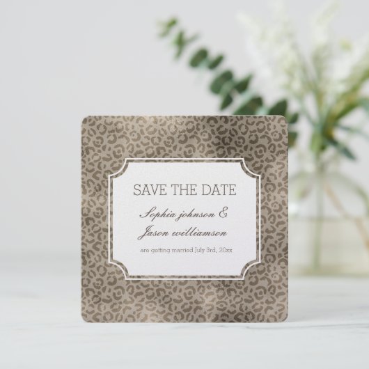 Bruine glamour luipaardprint save the date kaart (Staand voorkant)
