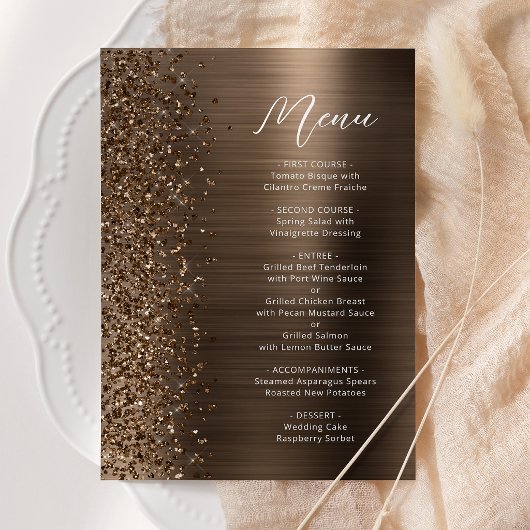 Bruine Glitter Borstelmetaal Script Bruiloft Menu