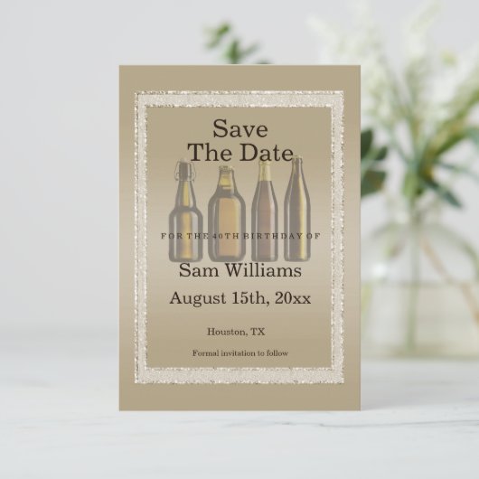 Bruine glitters en bruinbier save the date (Staand voorkant)