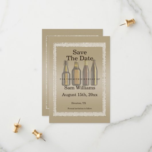 Bruine glitters en bruinbier save the date (Voorkant / Achterkant in situ)