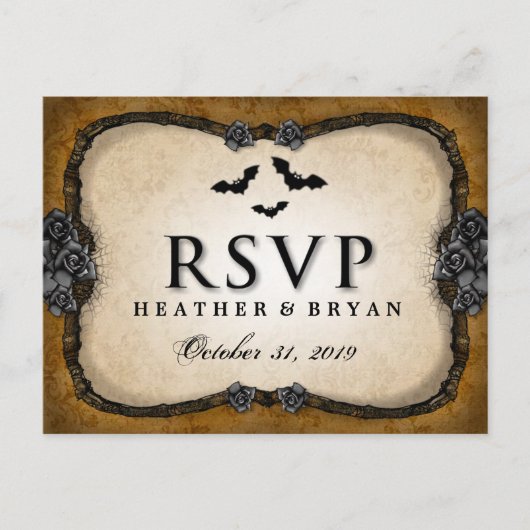 Bruine Gotische Vleermuizen & Rozen RSVP Matching  Uitnodiging Briefkaart (Voorkant)