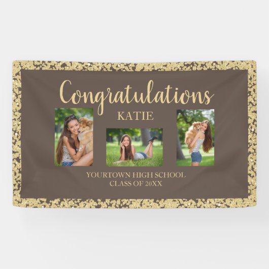 Bruine Gouden Glitter Afstudeerfeest Fotobanner Spandoek (Horizontaal)