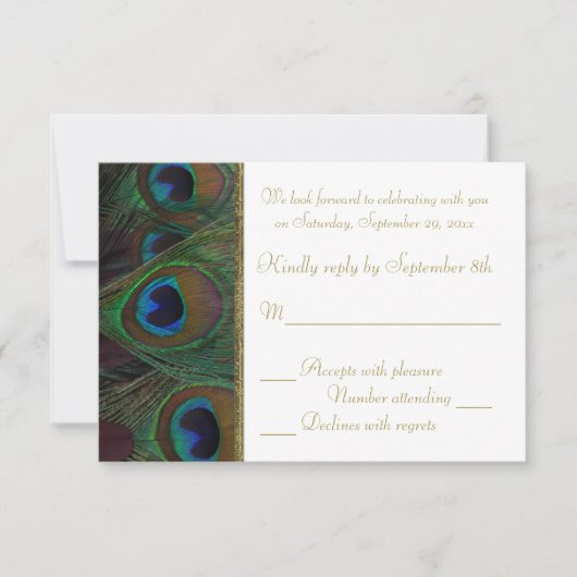 Bruine, gouden Peacock Feathers RSVP-kaart RSVP Kaartje (Voorkant)